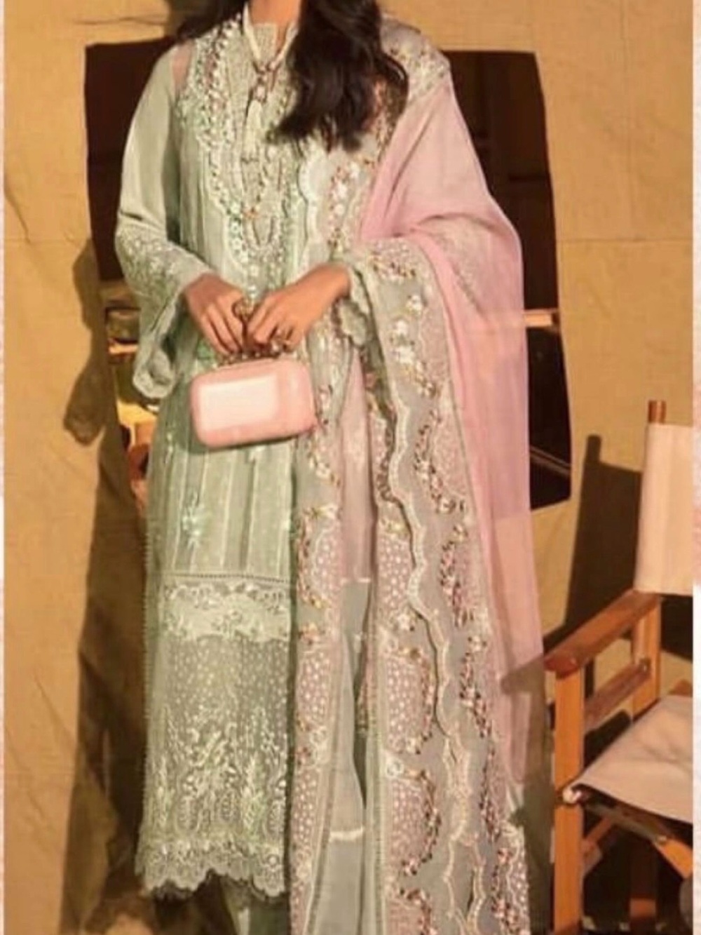 Pastel Green & Pink Embroidered Long Sleeve Women's Dress
